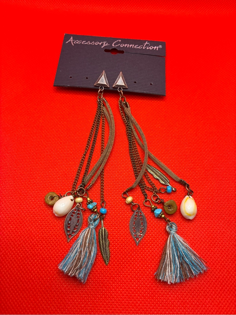 Bohemian style Blue and Brass toned  Tassel Drop Earrings